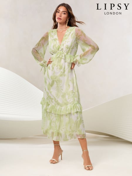 Lipsy Green Floral Floral Long Sleeve V-Neck Ruffle Midi Dress (AW7803) | € 108