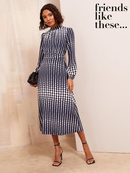 Friends Like These Blue High Neck Long Sleeve Midi Dress with Bow Detailing (AW7923) | € 52