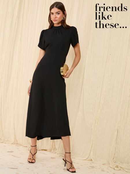 Friends Like These Black Petite High Neck Long Sleeve Midi Dress with Bow Detailing (AW7925) | € 72