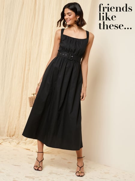 Friends Like These Black Ruched Strappy 100% Cotton Belted Midi Dress (AW8294) | € 86