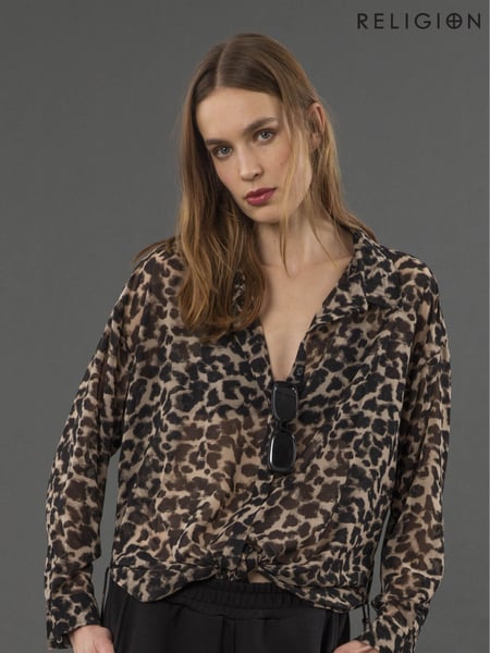 Religion Black Oversized Long Line Flash Shirt with Tassle details in Leopard Animal print (AW8454) | € 90