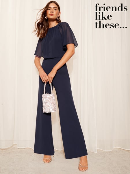 Friends Like These Navy Blue Petite Chiffon Flutter Sleeve Wide Leg Jumpsuit (AW8716) | € 86