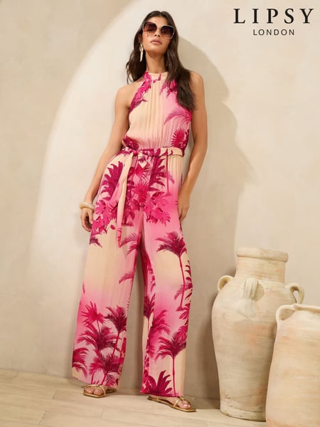 Lipsy Pink Palm Petite Printed Halter Neck Sleeveless Jumpsuit (AW8720) | € 69