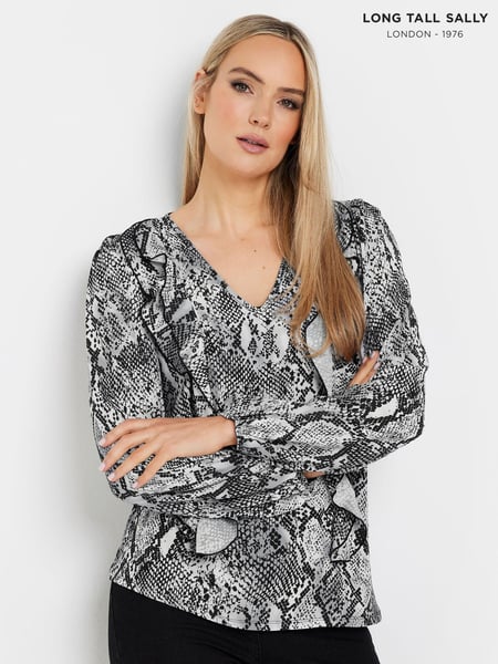 Long Tall Sally Grey Woven Snake Print Frill Blouse (AW8897) | € 56