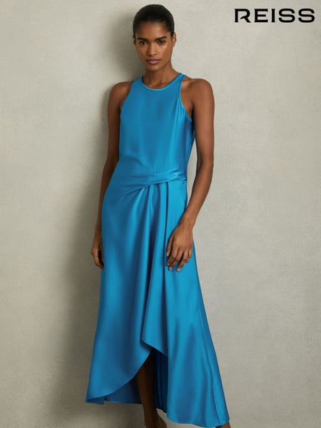 Reiss Blue Micah Petite Satin Drape Tuck Midi Dress (AW8918) | € 246