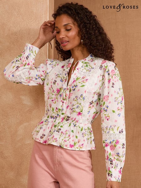 Love & Roses Pink/White Floral Long Sleeve Dobby Peplum 100% Cotton Blouse (AW9077) | € 66
