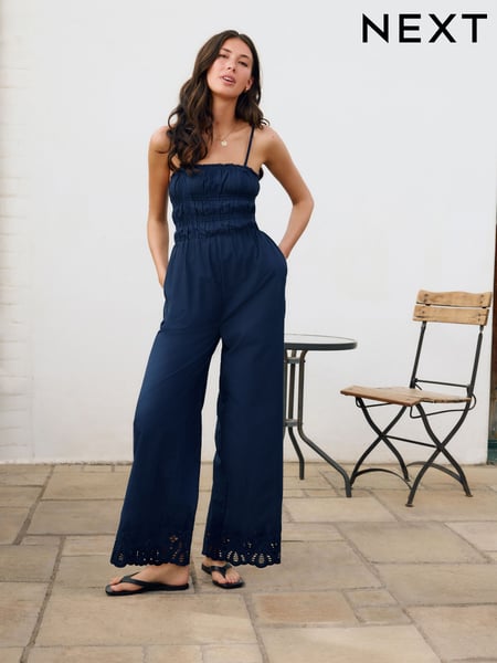 Navy Shirred Wide Leg 100% Cotton Jumpsuit (AW9302) | € 71
