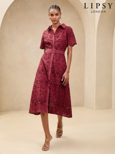 Lipsy Burgundy Red Premium Broderie Lace Belted 100% Cotton Shirt Midi Dress (AW9323) | € 242