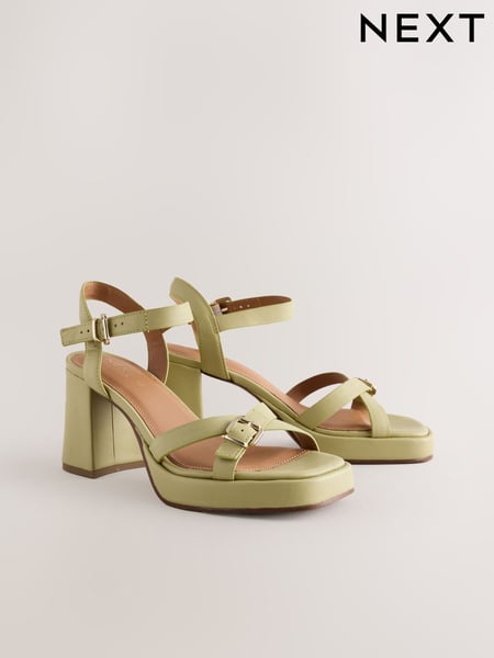 Lime Green Forever Comfort® Leather Square Toe Strappy Buckle Detail Platform Block Heels (AW9933) | € 79