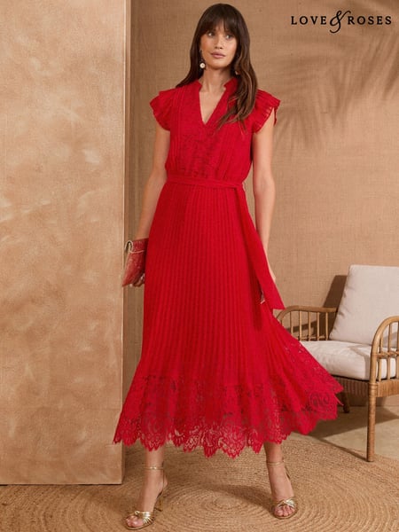 Love & Roses Red Lace Detail Pleated V-Neck Belted Midi Dress (AY0796) | € 117