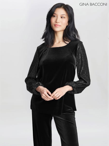 Gina Bacconi Ines Velvet Black Blouse With Illusion Bubble Sleeves (AY1615) | € 234