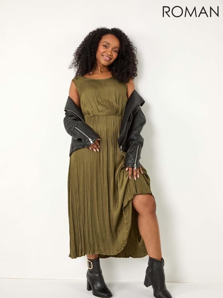 Roman Green Petite Crush Pleat Midi Dress (AY2219) | € 84
