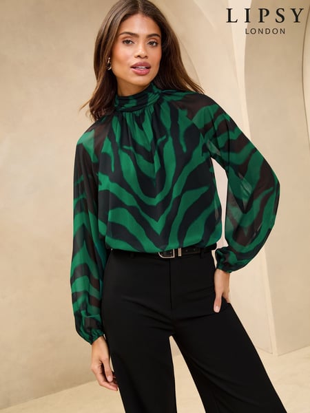 Lipsy Green Print High Neck Blouson Blouse (AY2481) | € 49