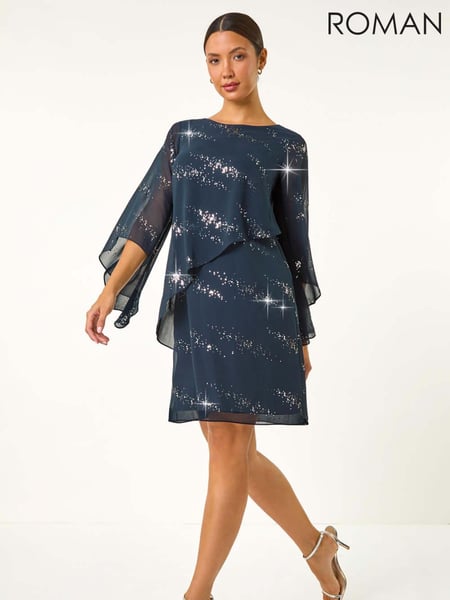 Roman Blue Sequin Embellished Asymmetric Overlay Dress (AY3084) | € 97