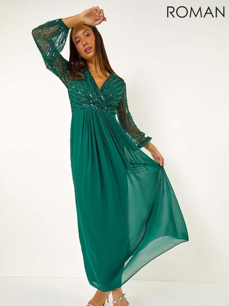 Roman Green Sparkle Bead Embellished Maxi Dress (AY3289) | € 156