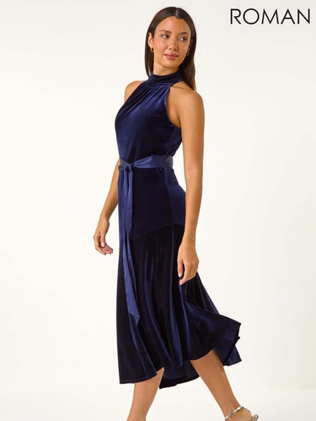 Roman Blue Velvet Halter Neck Ruffle Hem Midi Dress (AY3293) | € 101