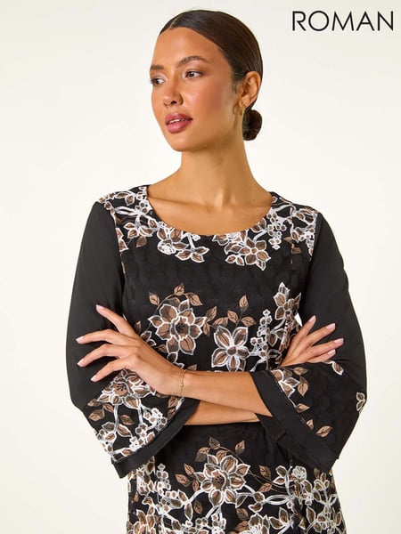 Roman Brown Floral Print Lace Asymmetric Hem Top (AY3301) | € 59