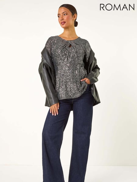 Roman Metallic Shimmer Sequin Twist Detailed Top (AY3304) | € 62