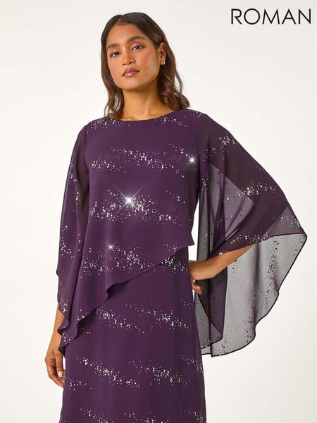 Roman Purple Sequin Embellished Asymmetric Overlay Dress (AY3321) | € 97