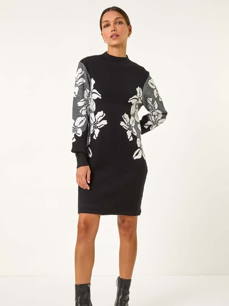 Roman Black Floral Print Jacquard Knitted Dress (AY3396) | € 70