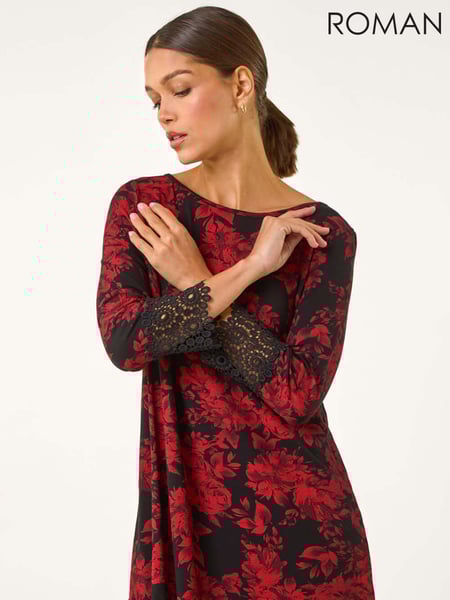 Roman Red Floral Print Lace Trim Stretch Top (AY3401) | € 50