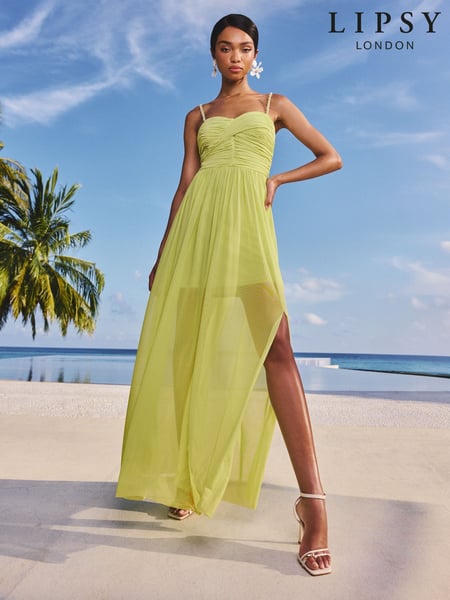 Lipsy Lime Green Embellished Pearl Strap Ruched Mesh Maxi Dress (AY3457) | € 150