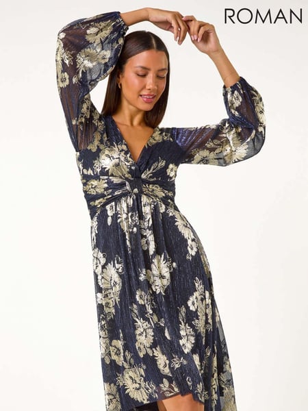 Roman Metallic Foil Print Twist Front V-Neck Plisse Dress (AY3471) | € 117