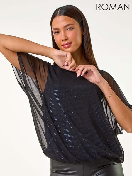 Roman Blue Sparkle Mesh Stretch Overlay Top (AY3475) | € 59