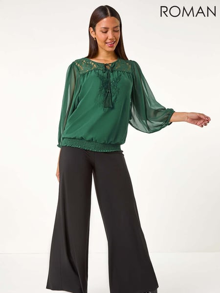 Roman Green Embroidered Lace Shirred Hem Top (AY3476) | € 55