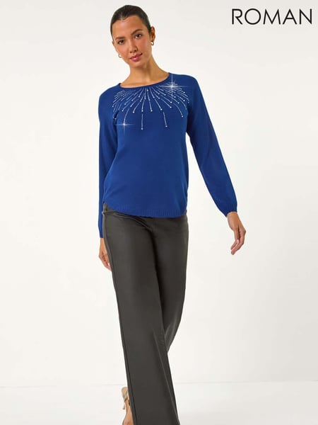 Roman Blue Sunray Embellished Crew Neck Knit Jumper (AY3481) | € 62