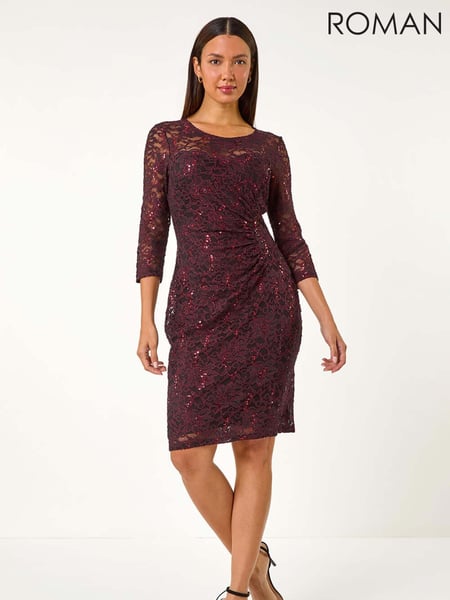 Roman Red Sequin Lace Overlay Ruched Dress (AY3484) | € 101