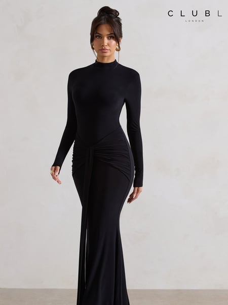 Club L London Black Pietra High Neck Long Sleeve Knot Maxi Dress (AY3510) | € 133