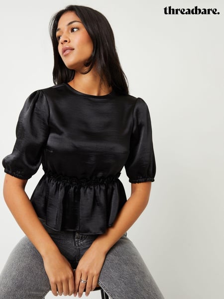 Threadbare Black Leopard Print Puff Sleeve Satin Smock Blouse (AY4019) | € 26