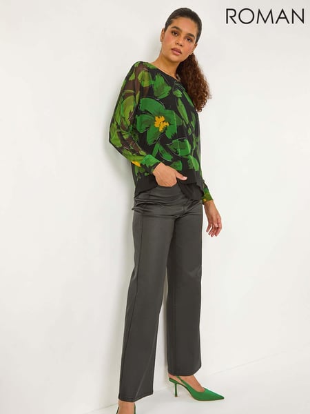 Roman Green Floral Mesh Overlay Stretch Top (AY4083) | € 55