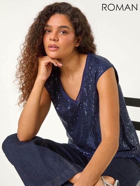 Roman Blue Sequin V-Neck Tunic Stretch Top (AY4085) | € 70