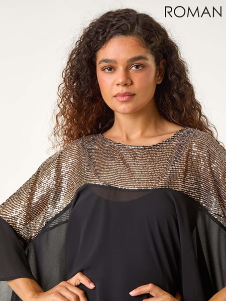 Roman Black Chrome Sequin Yoke Frilled Tunic Top (AY4088) | € 70