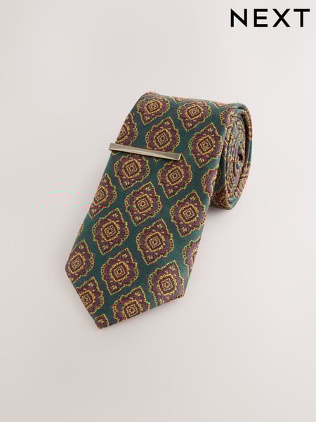 Green Geometric Print Tie with Tie Clip (AY4125) | € 27