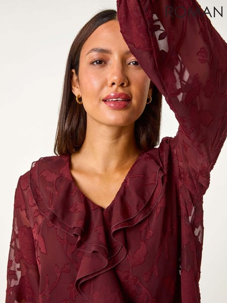 Roman Red Floral Print Ruffle Burnout Top (AY4204) | € 62