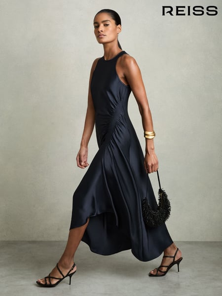 Reiss Navy Anessa Satin Shirred Midi Dress (AY4946) | € 265
