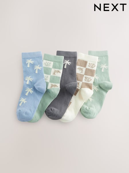 Sage Green/Blue/Neutral Palm Trees Cotton Rich Socks 5 Pack (AY4998) | € 10 - € 13