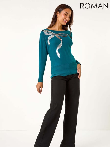 Roman Blue Sequin Bow Slash Neck Blouese (AY5026) | € 66