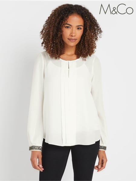 M&Co Cream Embellished Cuffed Pleated Blouse (AY5200) | € 47