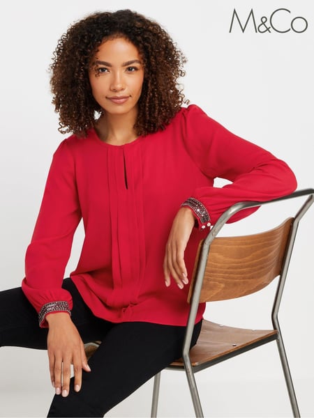 M&Co Red Embellished Cuffed Pleated Blouse (AY5219) | € 47