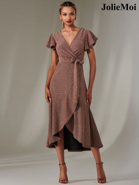 Jolie Moi Red Marlie Metallic Angel Sleeves Maxi Dress (AY5551) | € 123