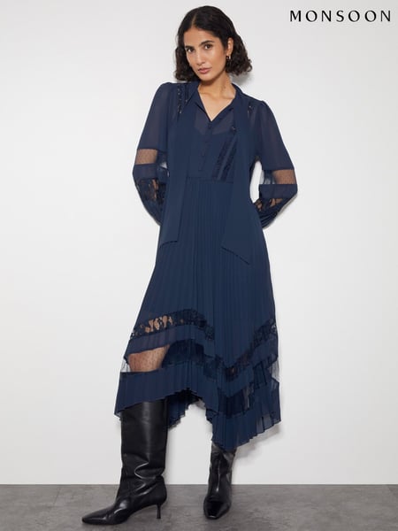 Monsoon Blue Florence Lace Insert Pleated Midi Dress (AY5598) | € 117