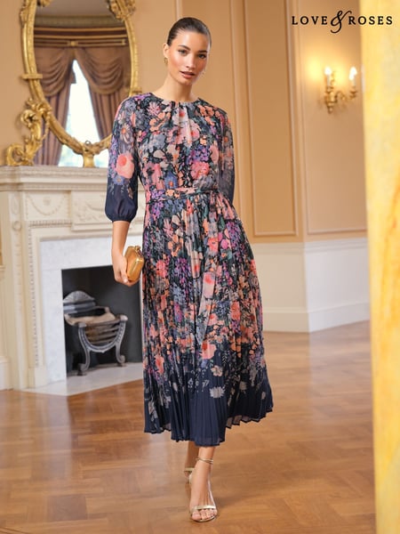 Love & Roses Navy Floral Printed Crew Neck Pleated 3/4 Sleeves Midi Dress (AY5614) | € 123