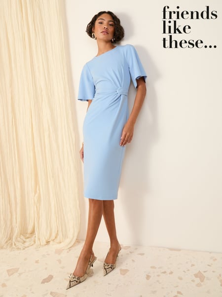 Friends Like These Blue Petite Flutter Sleeve Knot Waist Detail Midi Tailored Dress (AY5678) | € 69