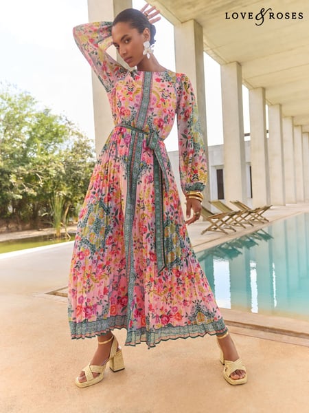 V&A I Love & Roses Pink Woodblock Printed Long Sleeve Midaxi Dress (AY5695) | € 134