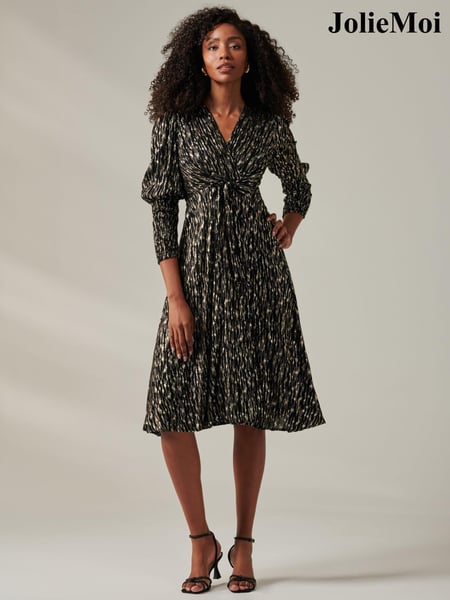 Jolie Moi Black Layla Long Sleeve Metallic Wrap Dress (AY5819) | € 117