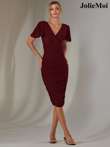 Jolie Moi cherry red Plain Angel Sleeve Ruched Bodycon Dress (AY5820) | € 117